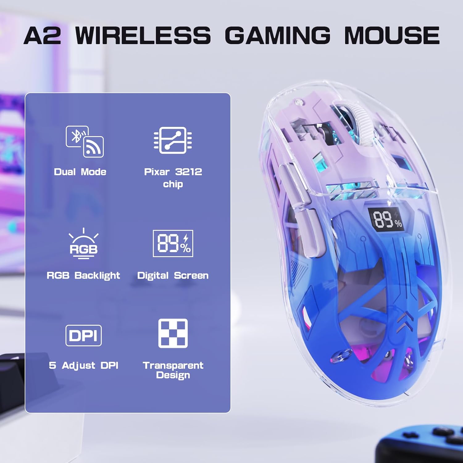 Gaming Keyboard Mouse And Headset Combo - A2 Transparent Wireless Gaming Mouse, BT